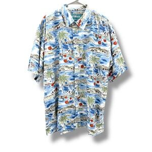 Big Dogs Hawaiian Shirt Men's Size 2XL Blue Cow Print Palm Trees Button Front